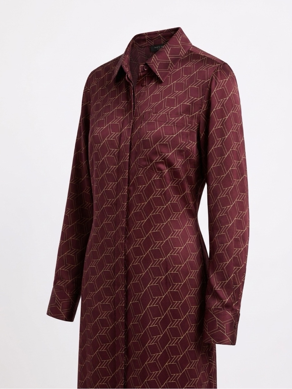 rag & bone NEW YORK Burgundy Geometric Satin Long Sleeve Shirt Dress Size 2